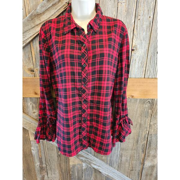 Buffalo plaid red black lightweight button up flannel sz M girly flared sleeve - Picture 1 of 7